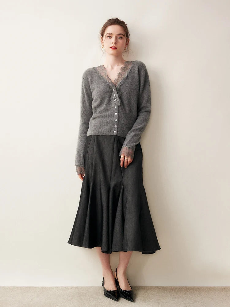 Cashmere Cardigan with Lace-Trim Detail and Relaxed Knit Fit in Khaki