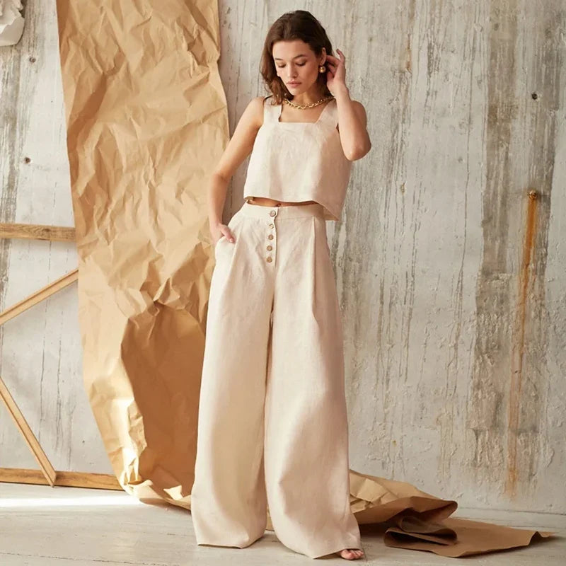 Wide-Leg Pant in 100% Cotton with Hidden Elastic Waistband, Button-Fly Front, and Ankle-Length Cut
