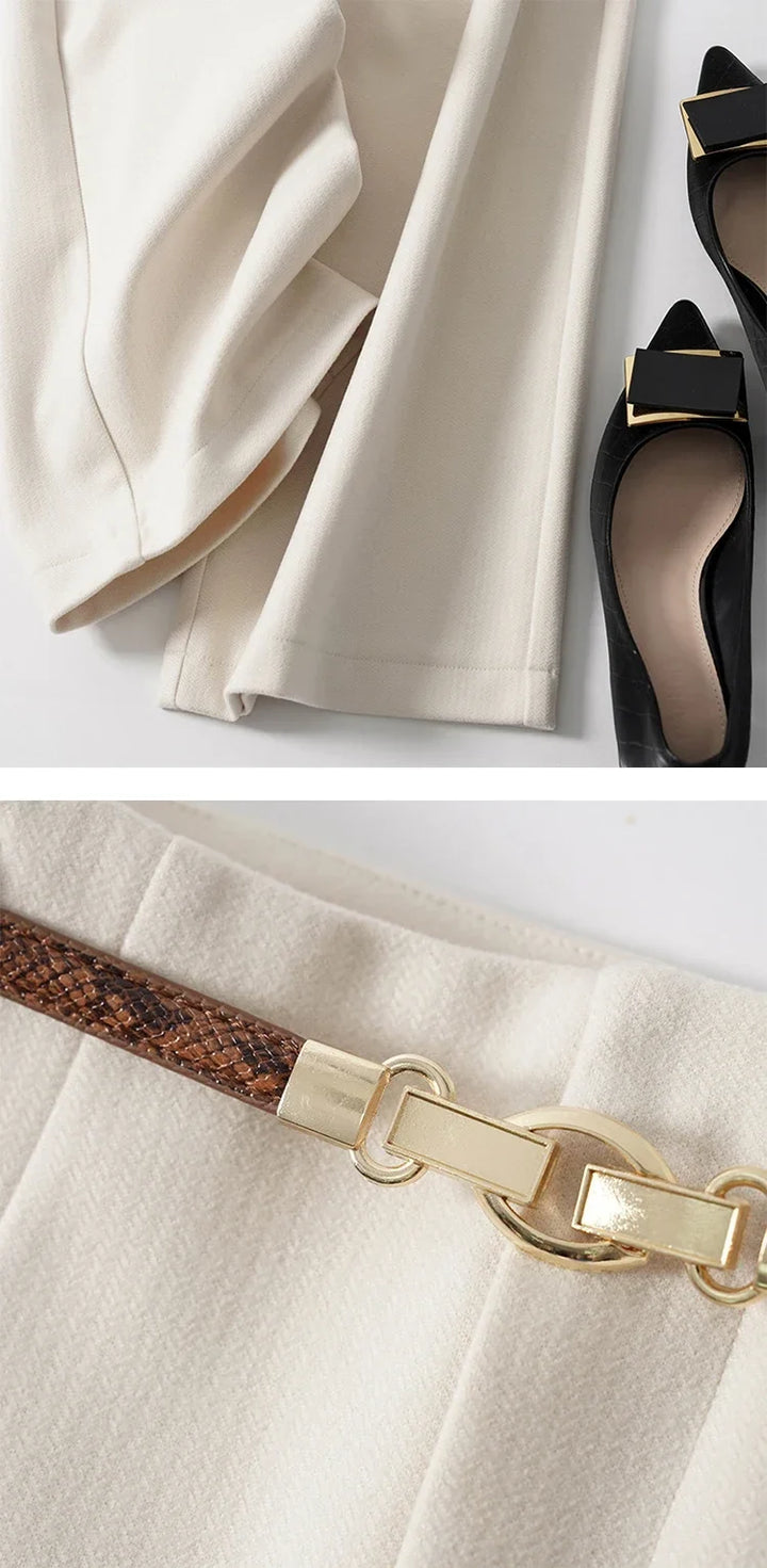 Wide Leg Wool Blend Trousers with High-Waist Fit, Tailored Crease, and Matching Belt