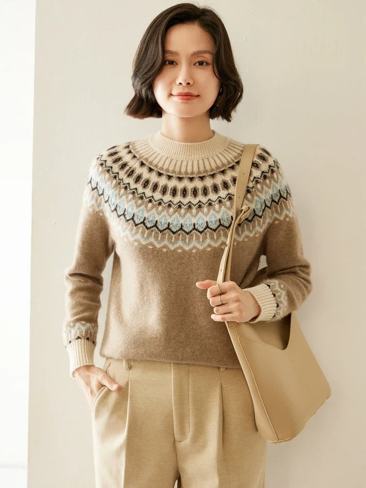 Fair Isle Jacquard Mock Neck Sweater in Cashmere-Soft Knit, Camel Colorway