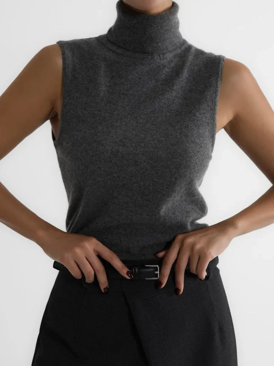 High-Neck Sweater Vest in Soft Wool-Cashmere Blend, Sleeveless Sculpted Fit with Structured Tall Neckline