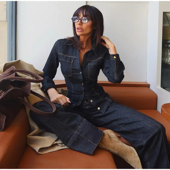Denim Two-Piece Set with Tailored Button Jacket, Wide-Leg Pants, and Gold Hardware