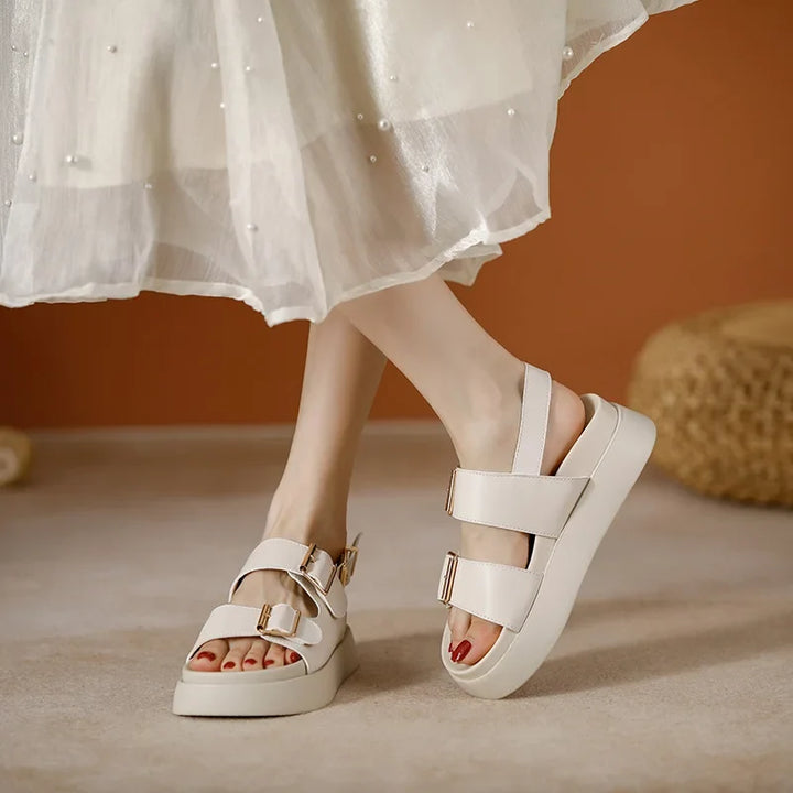 Platform Sandal in Ivory Vegan Leather with Double Buckle Straps and Built-In Supportive Insole