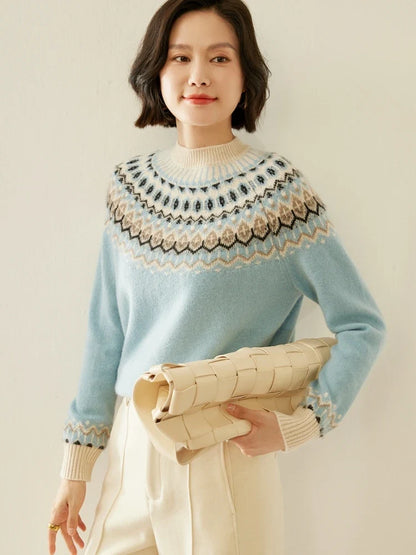 Fair Isle Jacquard Mock Neck Sweater in Soft 100% Cashmere, Camel Colorway