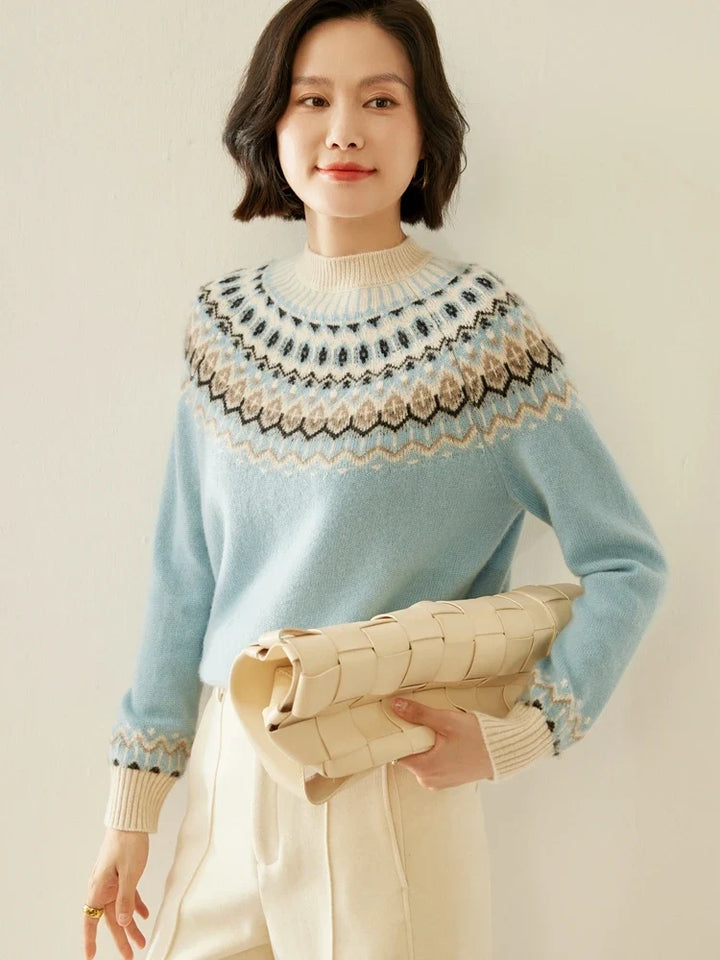 Fair Isle Jacquard Mock Neck Sweater in Cashmere-Soft Knit, Camel Colorway