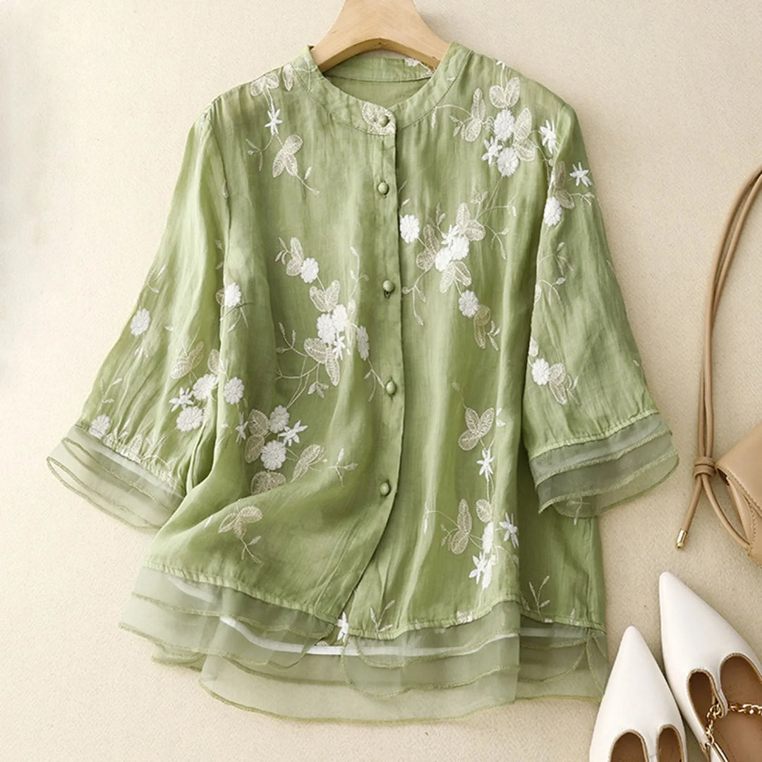 Cotton Blouse with Sheer Double Cuffs and Botanical Embroidery, Flowing Vintage-Inspired Fit