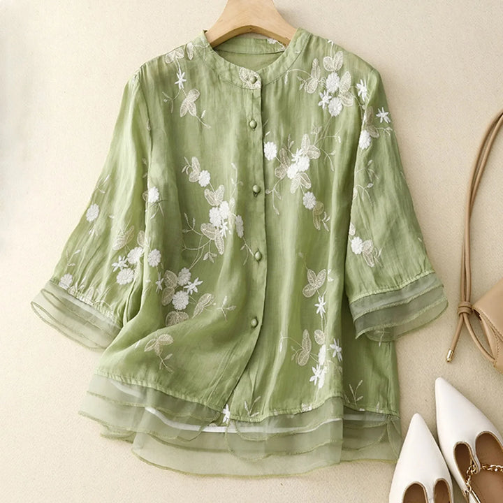 Cotton Blouse with Sheer Double Cuffs and Botanical Embroidery, Flowing Vintage-Inspired Fit