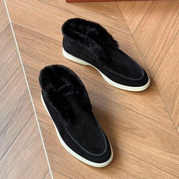 Suede Loafer Boots with Shearling Lining, Moc Toe Slip-On Design and Cushioned Sole