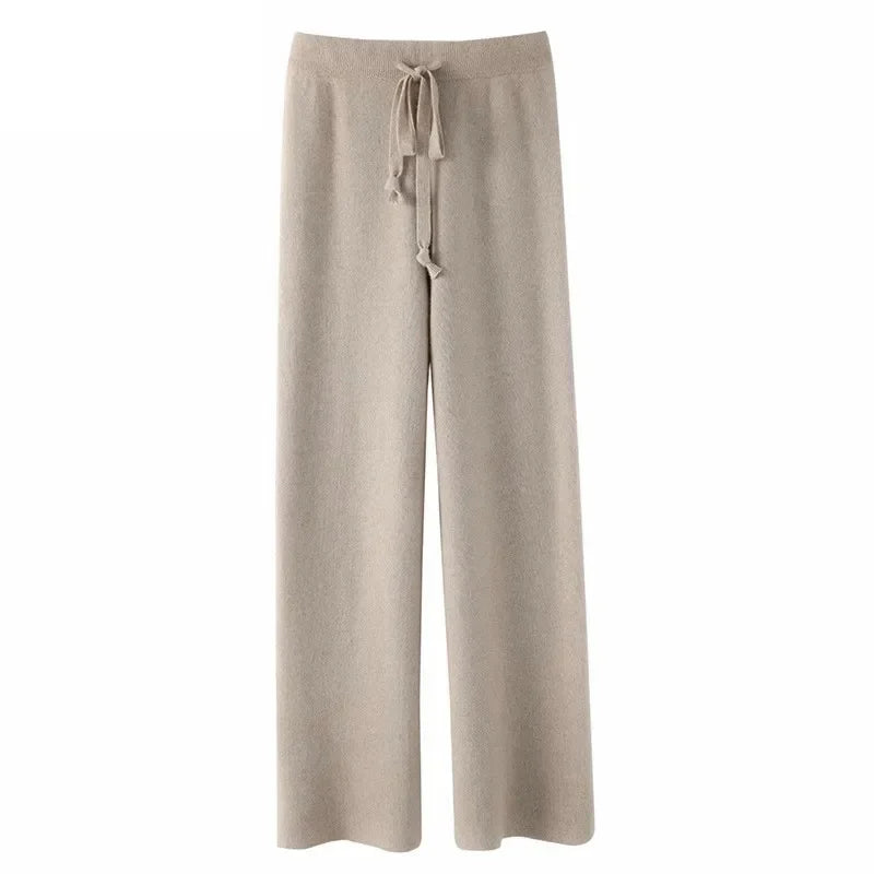 Sweatpants in Cashmere Wool Blend with Adjustable High-Rise Elastic Waist, Khaki