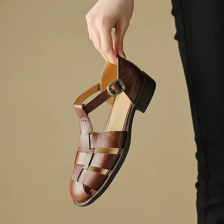 Handwoven Leather Sandals with Adjustable T-Strap Buckle and Low Stacked Heel