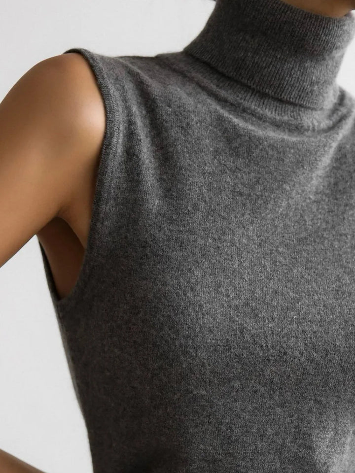 High-Neck Sweater Vest in Soft Wool-Cashmere Blend, Sleeveless Sculpted Fit with Structured Tall Neckline