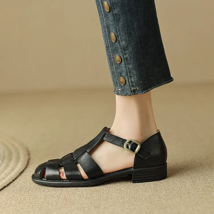 Handwoven Leather Sandals with Adjustable T-Strap Buckle and Low Stacked Heel