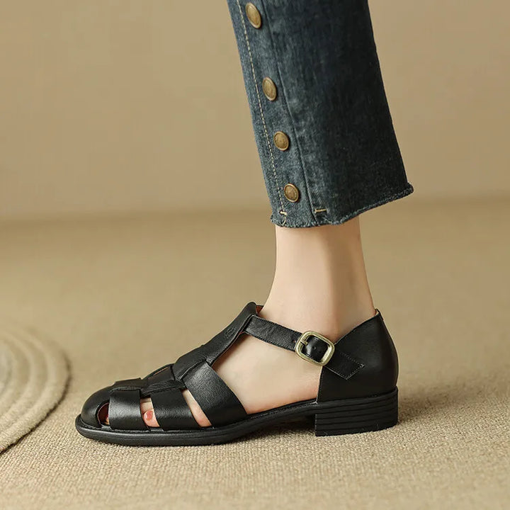 Handwoven Leather Sandals with Adjustable T-Strap Buckle and Low Stacked Heel