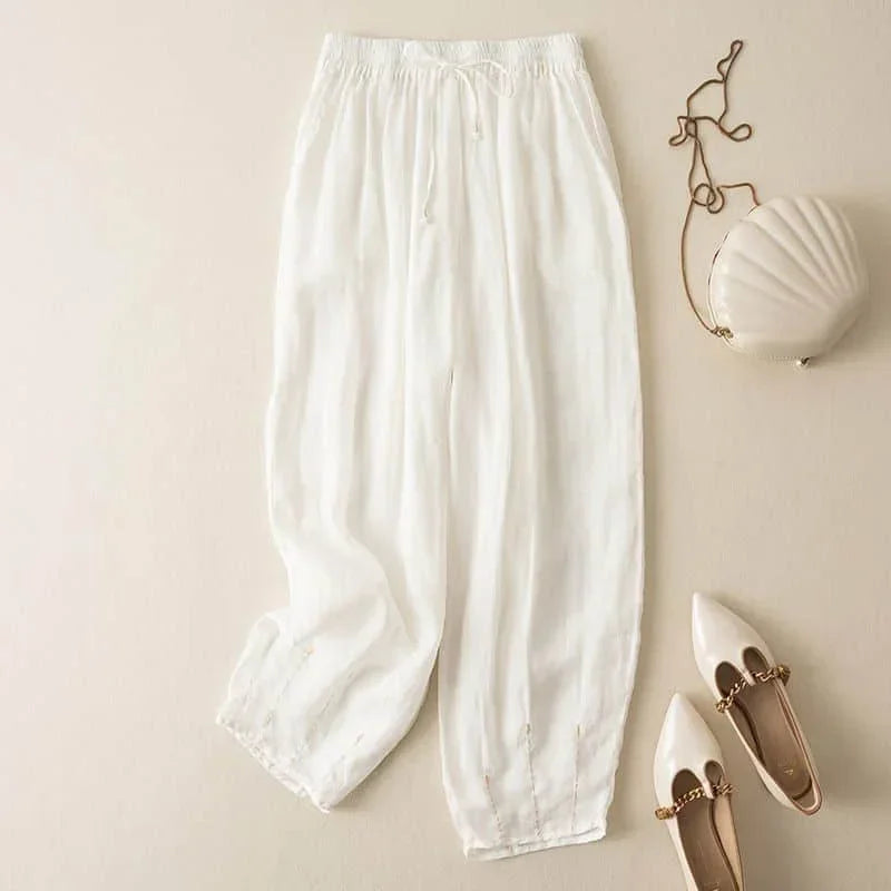 Linen Pants with Elastic Drawstring Waist and Billowed Leg Silhouette in Khaki Cotton-Linen Blend