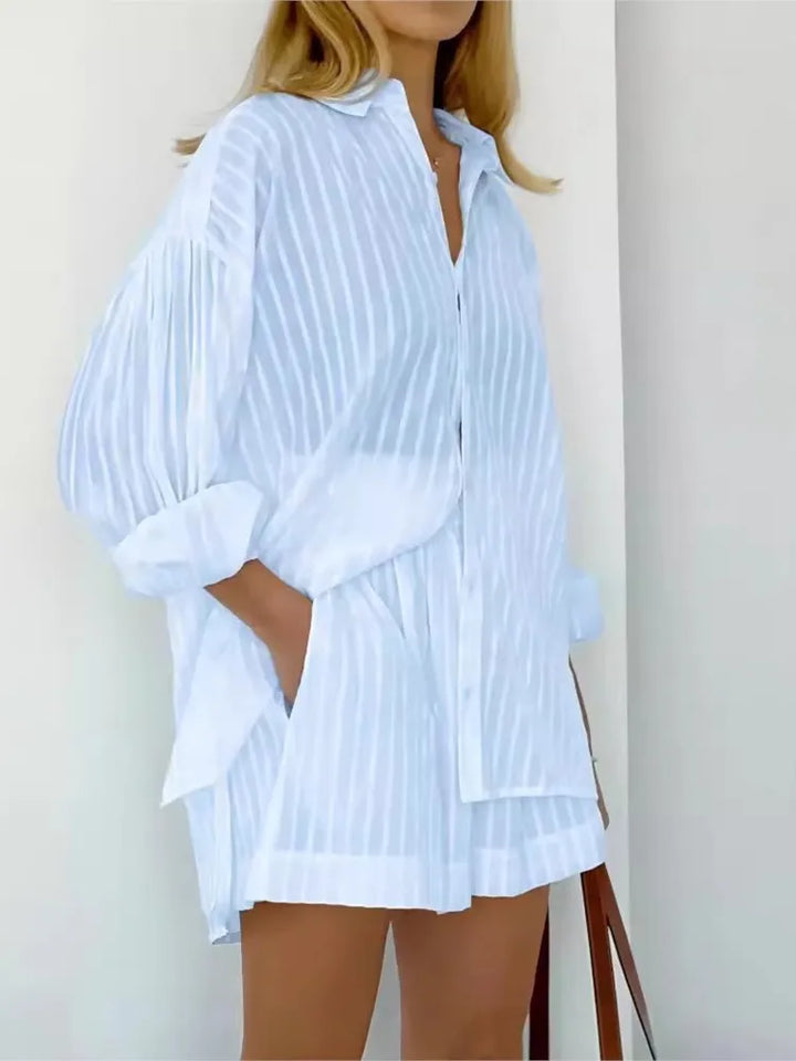 Button-Down Shirt and Shorts Set with Relaxed Oversized Fit in Lightweight Cotton-Blend Fabric
