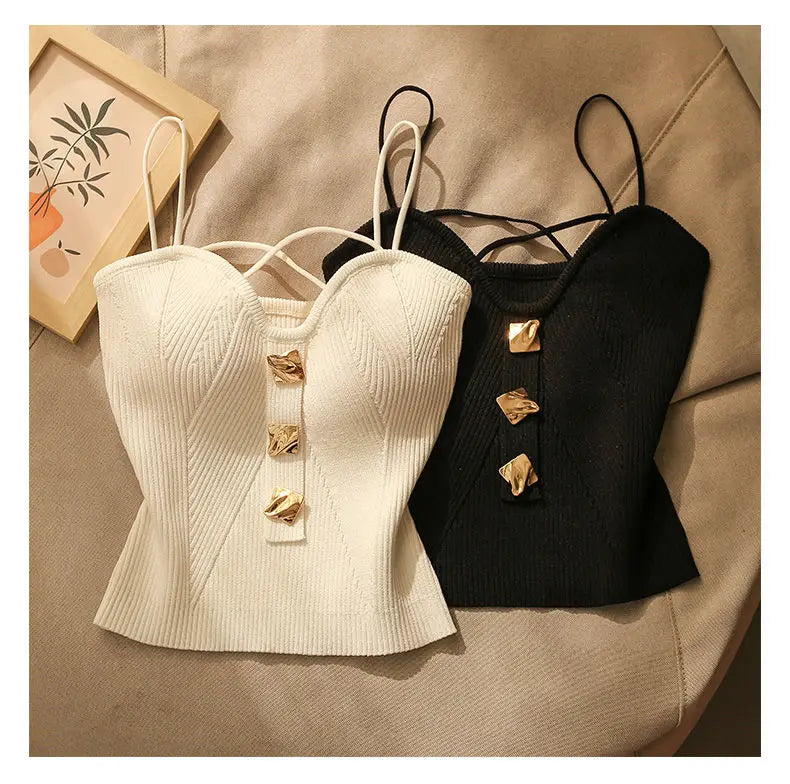 Corset Camisole Top with Ribbed Knit and Gold Statement Buttons in 100% Cotton