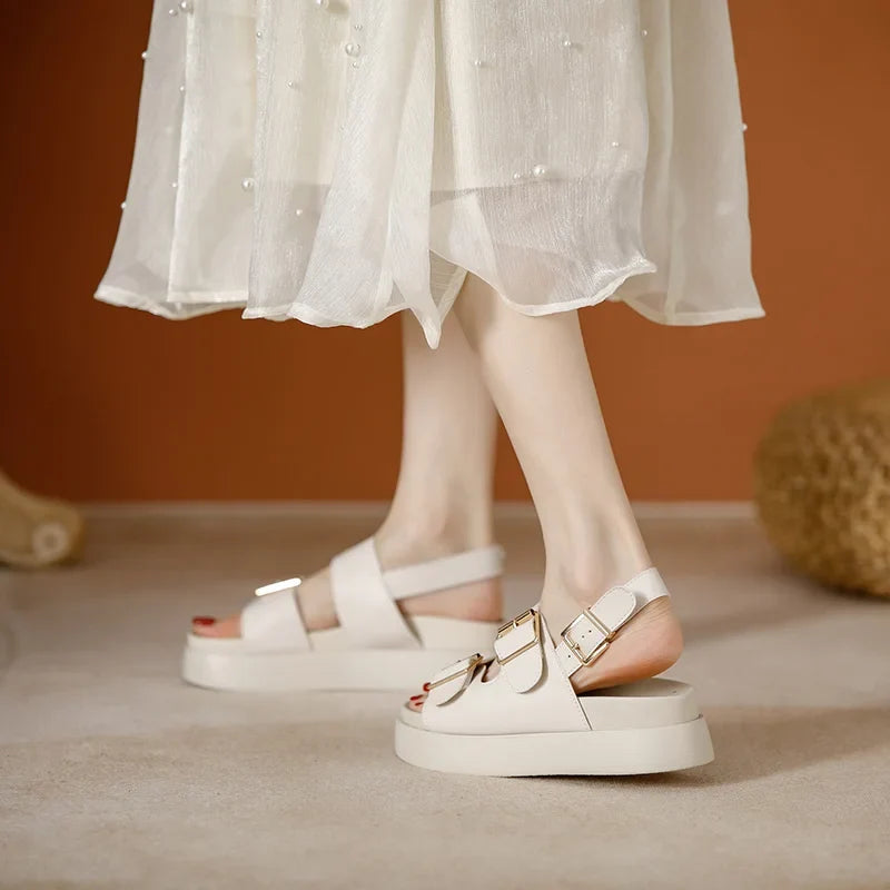 Platform Sandal in Ivory Vegan Leather with Double Buckle Straps and Built-In Supportive Insole