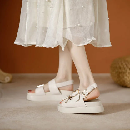 Platform Sandal in Ivory Vegan Leather with Double Buckle Straps and Built-In Orthopedic Insole