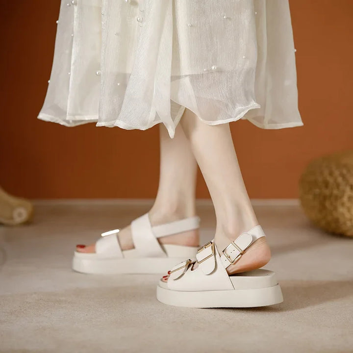 Platform Sandal in Ivory Vegan Leather with Double Buckle Straps and Built-In Supportive Insole