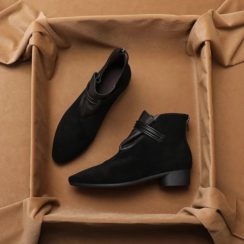 Suede Ankle Boots with Pointed Toe, Side Zip and Low Heel, Women's Vivienne