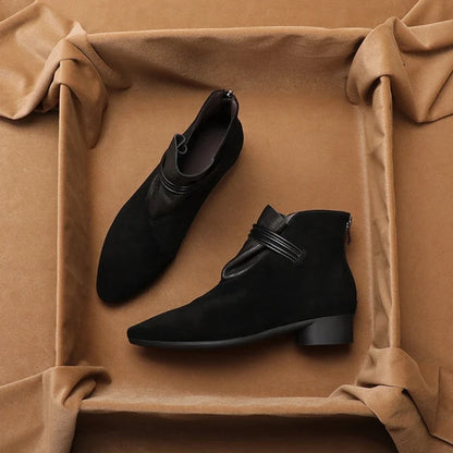 Suede Ankle Boots with Pointed Toe, Side Zip and Low Heel, Women's Vivienne