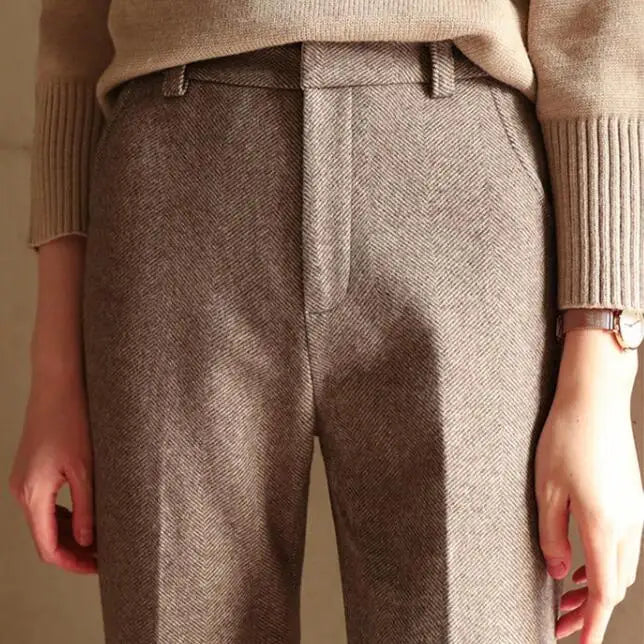 Trousers in Wool Blend, Straight-Leg High-Waist Fit, Non-Stretch, Camel
