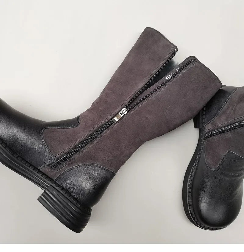Shearling Riding Boots in Premium Leather-Look with Wool Lining and Side Zipper, Brown