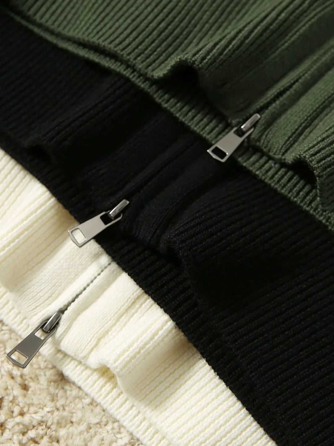 Merino Wool Zip Cardigan with Standing Collar, Double-Zip Closure and Ribbed Knit Texture