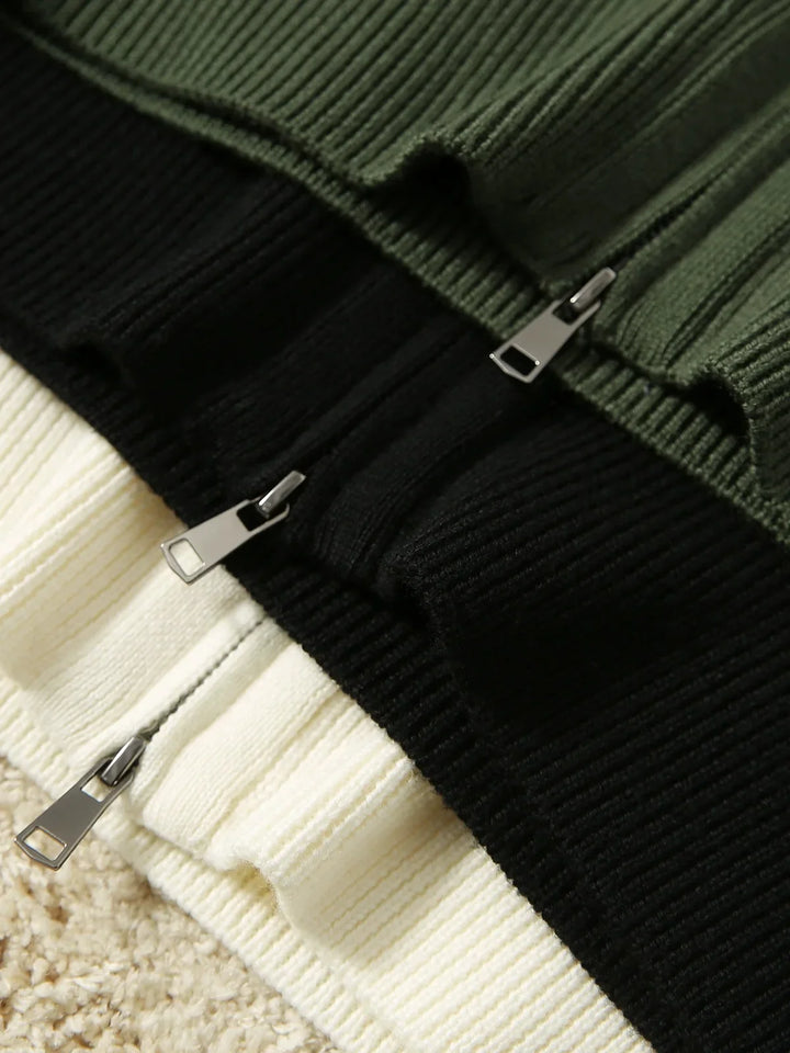 Merino Wool Zip Cardigan with Standing Collar, Double-Zip Closure and Ribbed Knit Texture