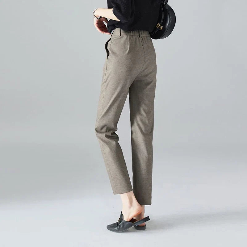 High-Waist Trousers with Elastic Waistband, Ankle-Length Slim Tailored Fit in Gray