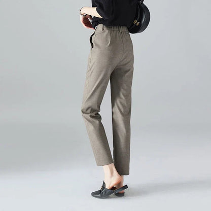 High-Waist Trousers with Elastic Waistband, Ankle-Length Slim Tailored Fit in Gray