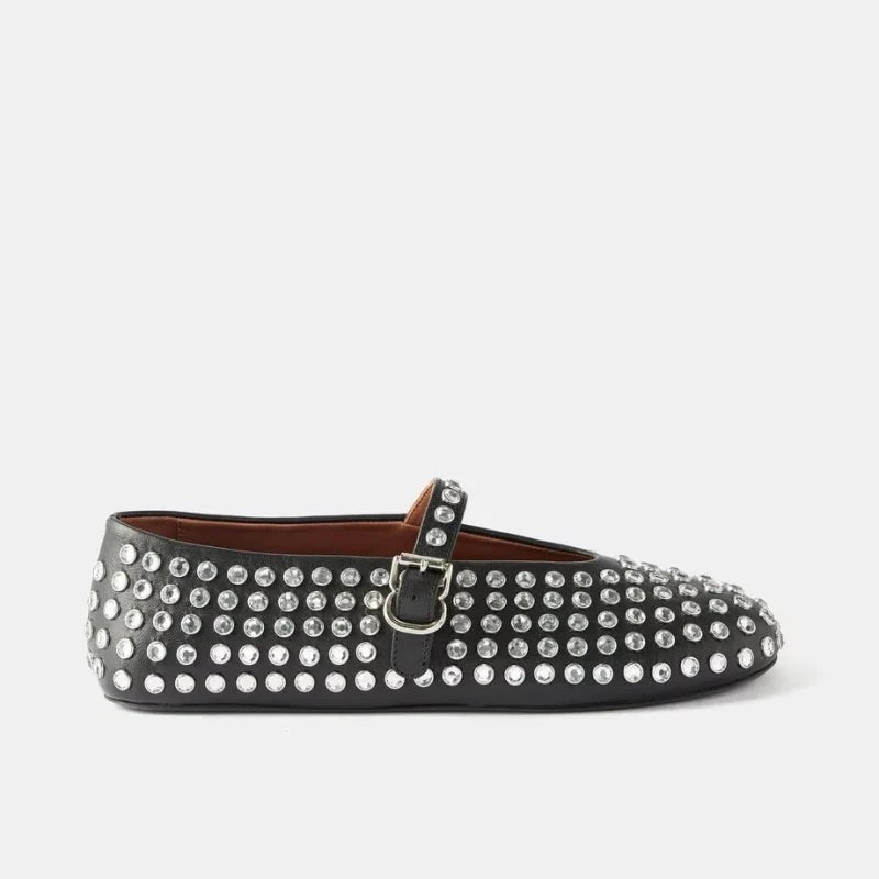 Mary Jane Flats with Crystal-Studded Leather Upper and Adjustable Ankle Strap