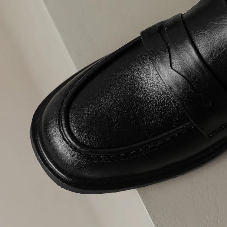 Round Toe Leather Loafers with Cushioned Support and Stacked Heel in Olive