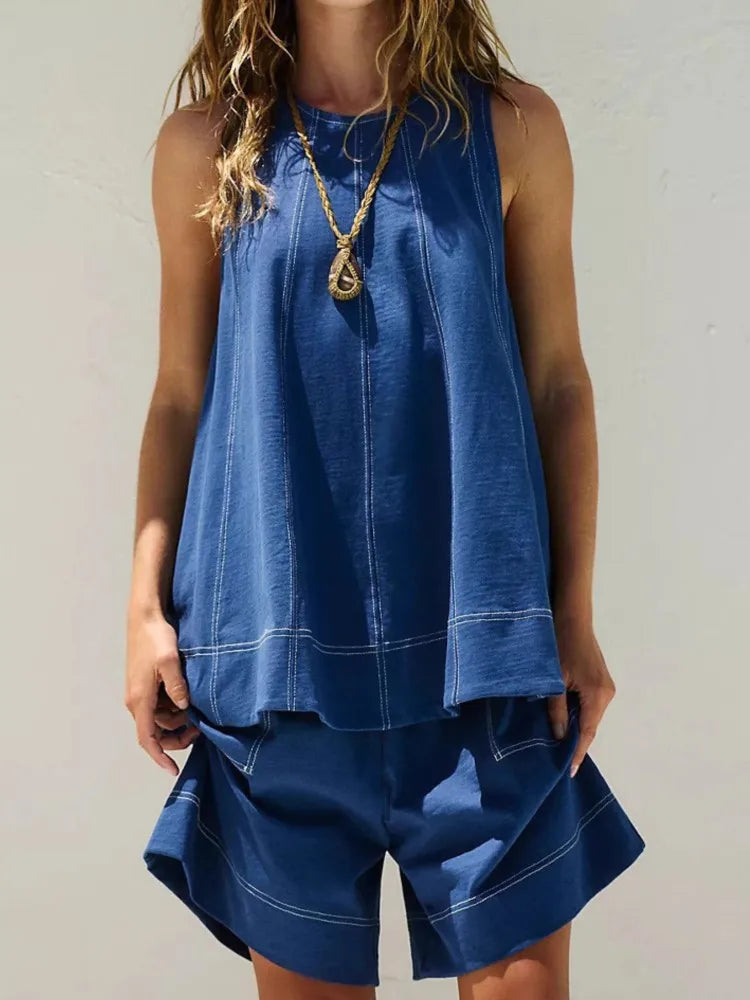 Two-Piece Cotton Set, Cropped Tank Top and Elastic-Waist Shorts with Raw Seam Detailing in Sunwashed Yellow