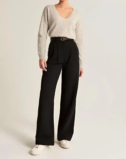 Wide-Leg Trousers with High-Waisted Tailored Fit, Cotton Blend Fabric, and Deep Pockets