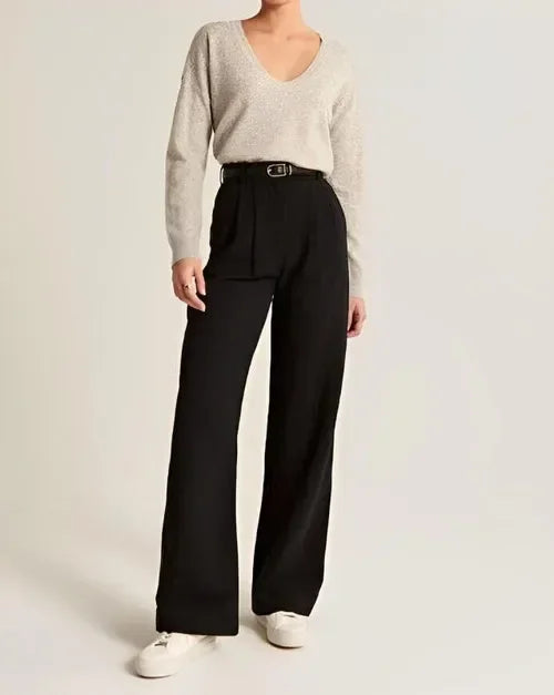 Wide-Leg Trousers with High-Waisted Tailored Fit, Cotton Blend Fabric, and Deep Pockets