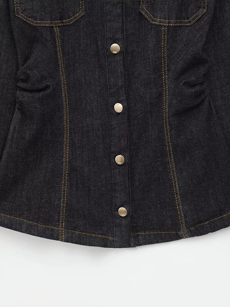 Denim Two-Piece Set with Tailored Button Jacket, Wide-Leg Pants, and Gold Hardware