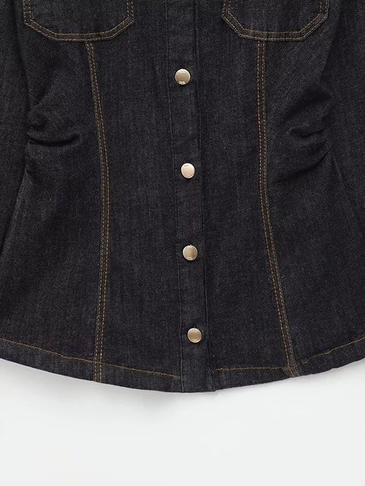 Denim Two-Piece Set with Tailored Button Jacket, Wide-Leg Pants, and Gold Hardware