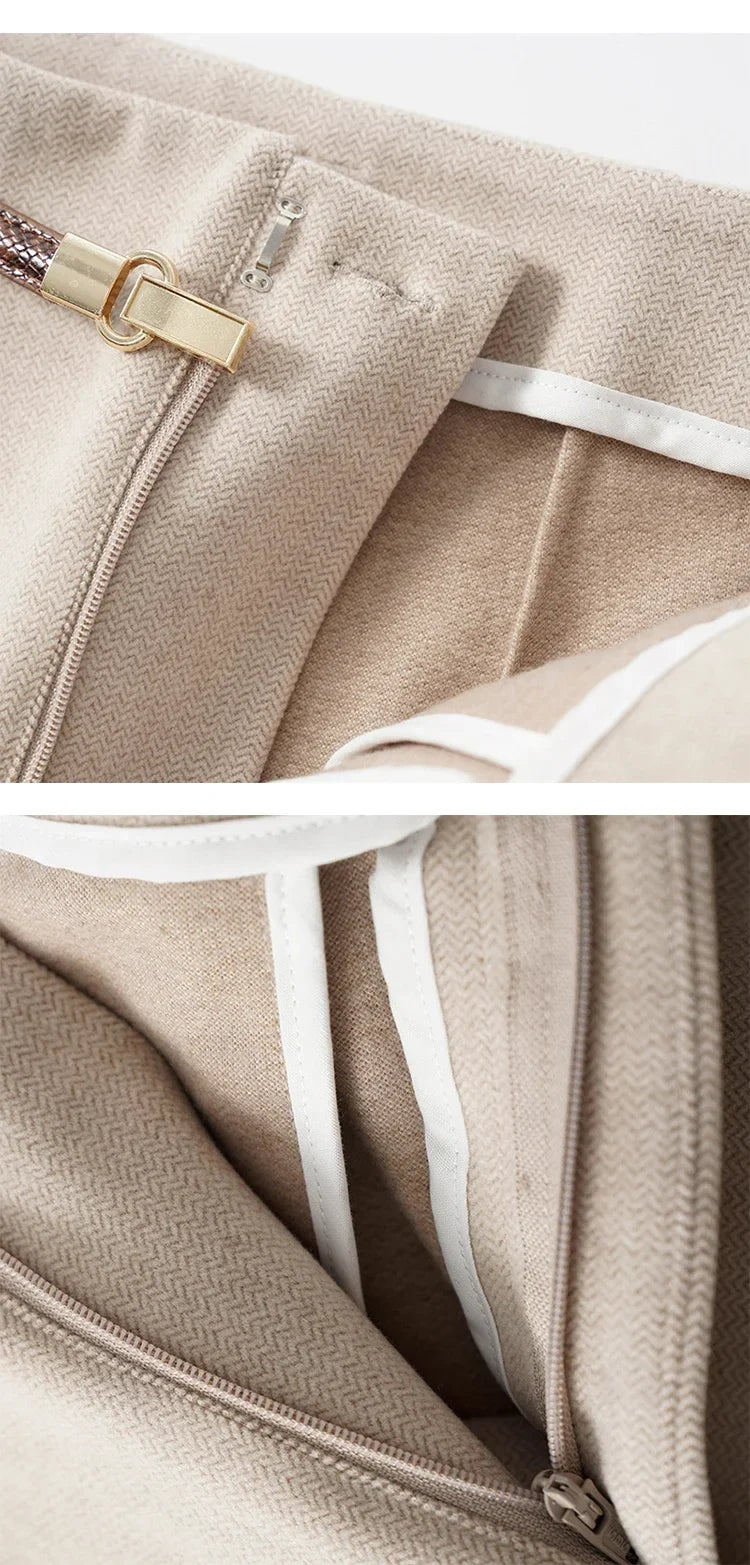 Wide Leg Wool Blend Trousers with High-Waist Fit, Tailored Crease, and Matching Belt