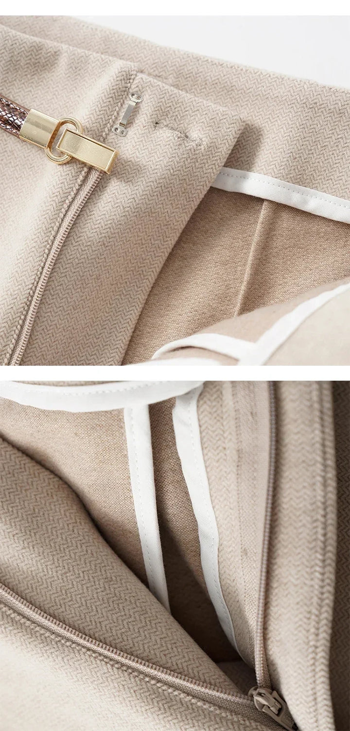 Wide Leg Wool Blend Trousers with High-Waist Fit, Tailored Crease, and Matching Belt