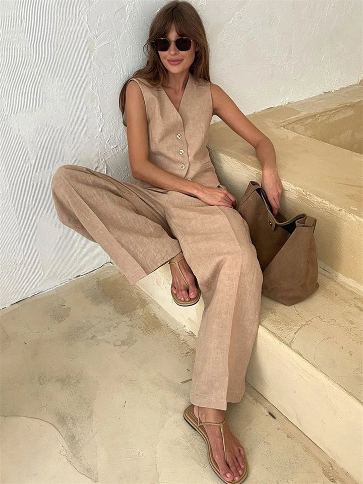 Linen Trouser Set with Buttoned Vest Top and Wide-Leg Pleated Trousers, Two-Piece Design