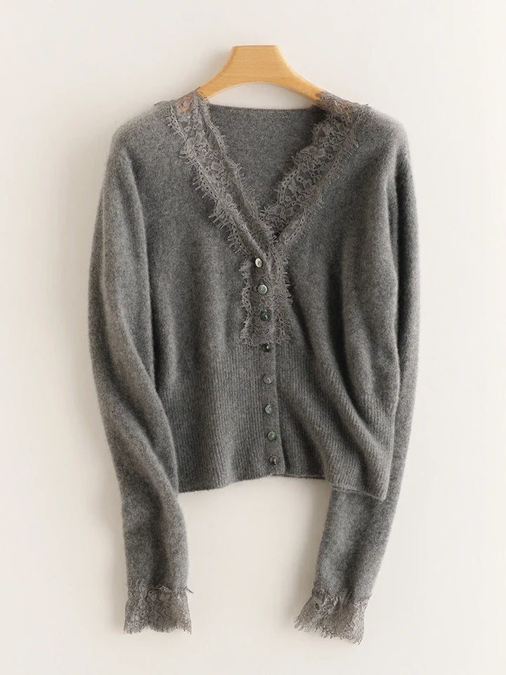 Cashmere Cardigan with Lace-Trim Detail and Relaxed Knit Fit in Khaki