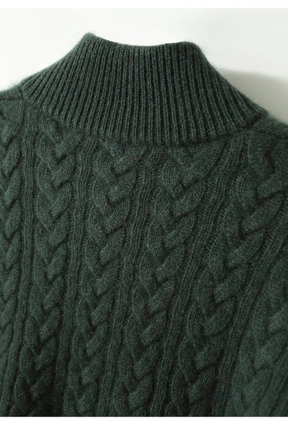 Cable-Knit Sweater with Cashmere Blend, Button-Up Stand Collar and Snug Fit