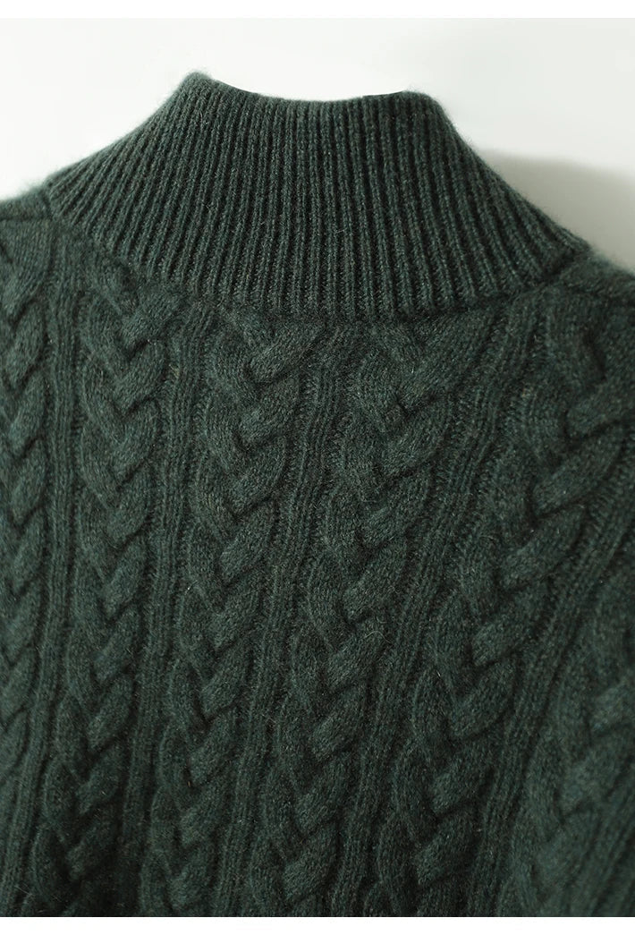 Cable-Knit Sweater with Cashmere Blend, Button-Up Stand Collar and Snug Fit