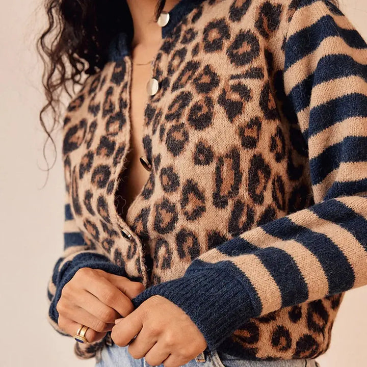Cardigan in Leopard and Stripe Print with Relaxed Fit and Soft Cotton Blend Knit for Effortless Layering