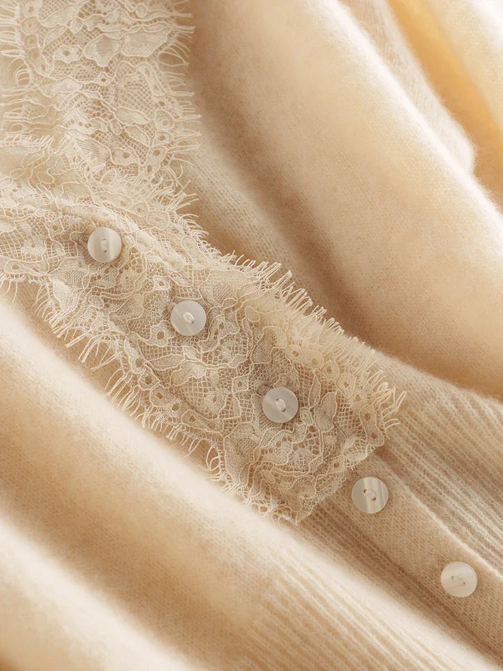 Cashmere Cardigan with Lace-Trim Detail and Relaxed Knit Fit in Khaki