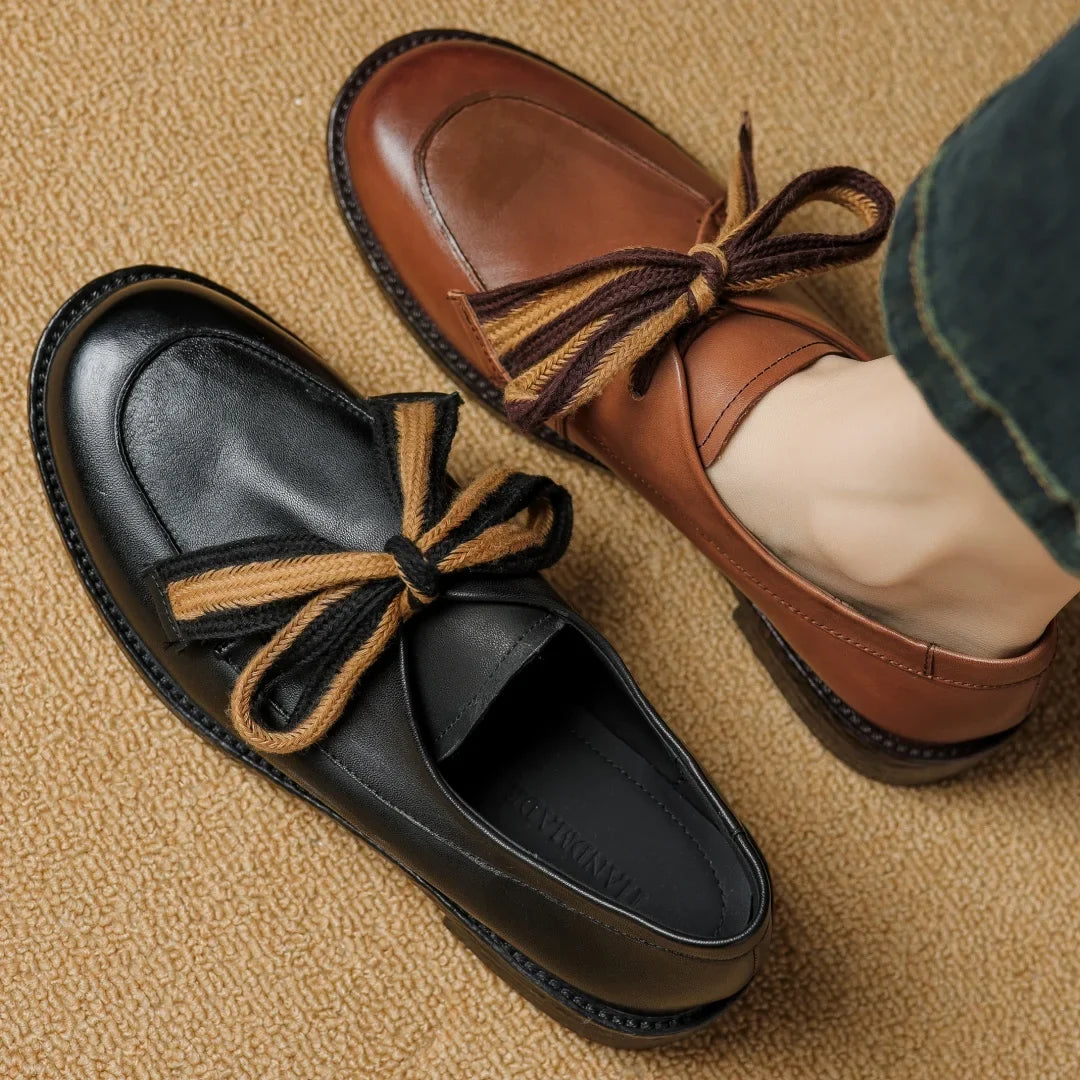 Two-Tone Leather Loafers with Woven Lace Detail and Cushioned Comfort Sole