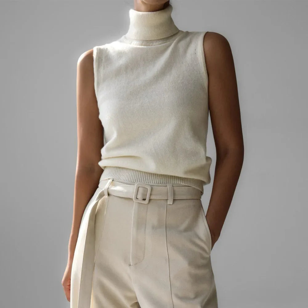 High-Neck Sweater Vest in Soft Wool-Cashmere Blend, Sleeveless Sculpted Fit with Structured Tall Neckline