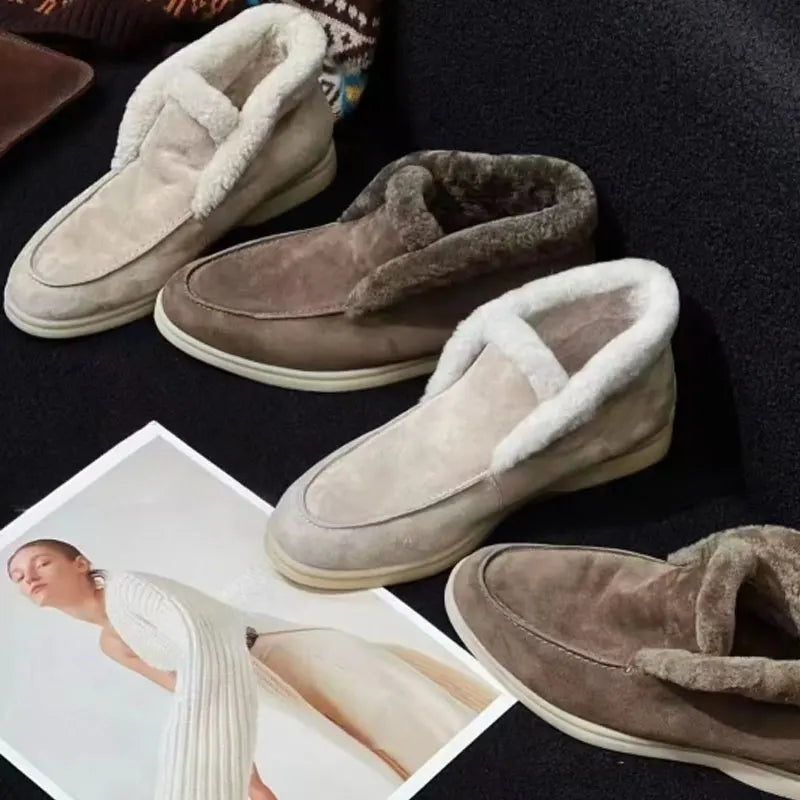 Suede Loafer Boots with Shearling Lining, Moc Toe Slip-On Design and Cushioned Sole