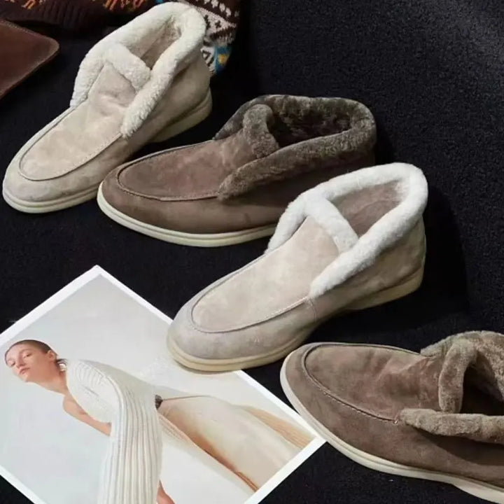Suede Loafer Boots with Shearling Lining, Moc Toe Slip-On Design and Cushioned Sole